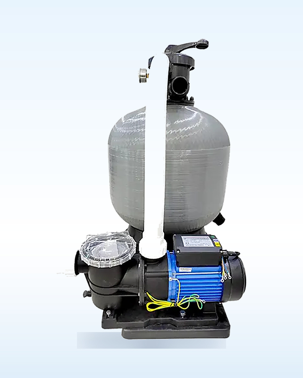 Swimming pool top mount integrated sand filter and pump combo on a moulded base