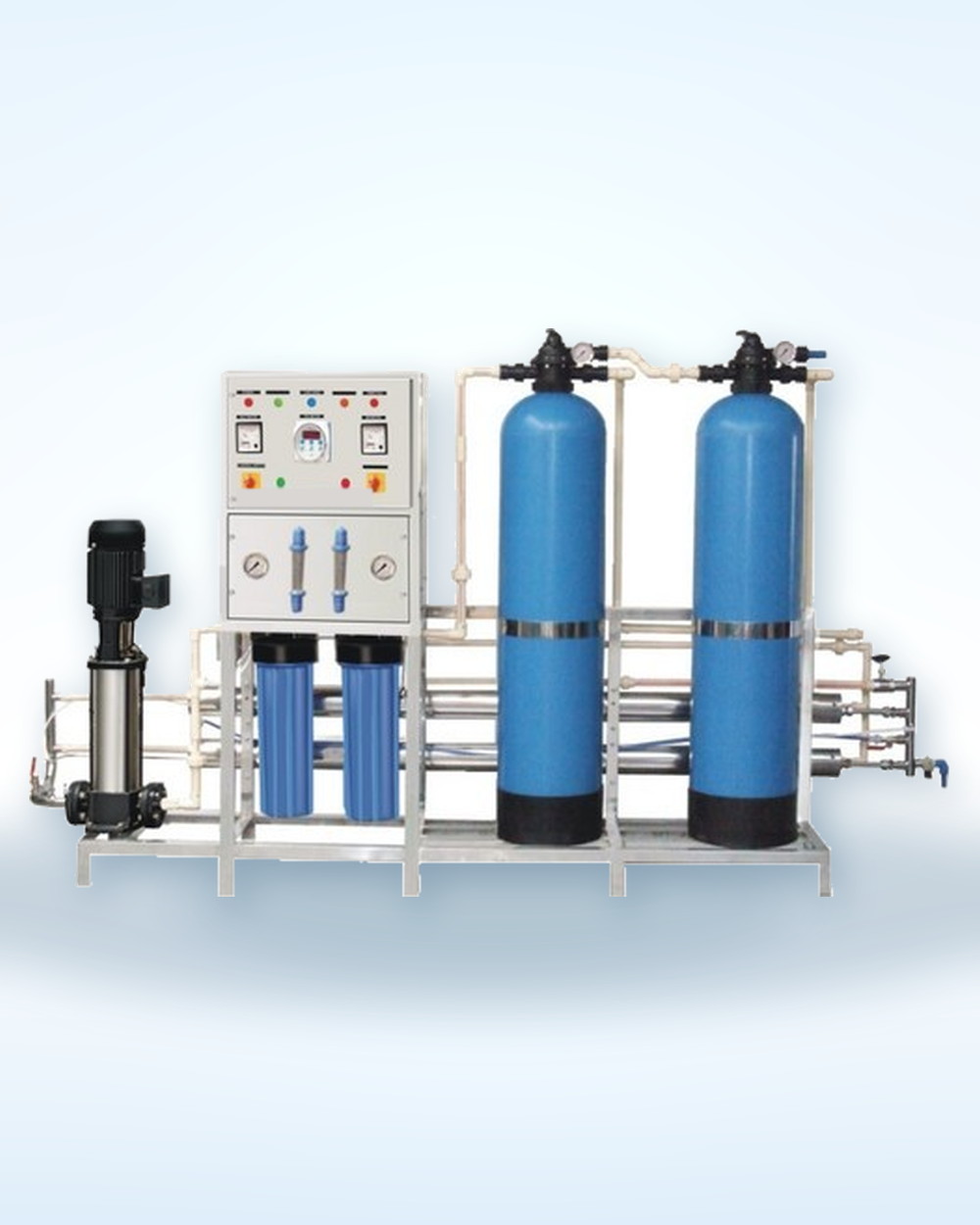 Skid mounted commercial reverse osmosis plant with control panel, high pressure pump and pre-filtration vessels