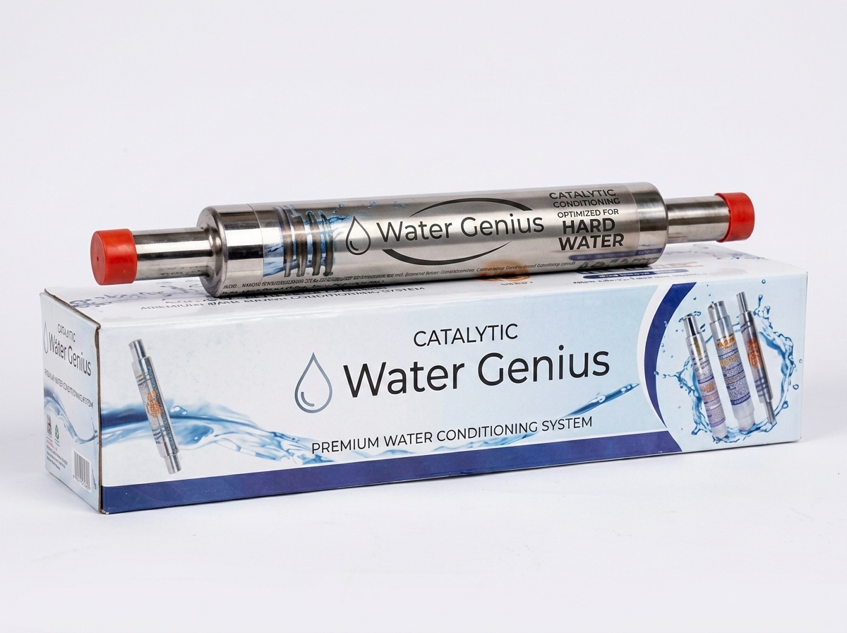 Water Genius Catalytic 3G+ stainless steel inline water conditioner with branded box